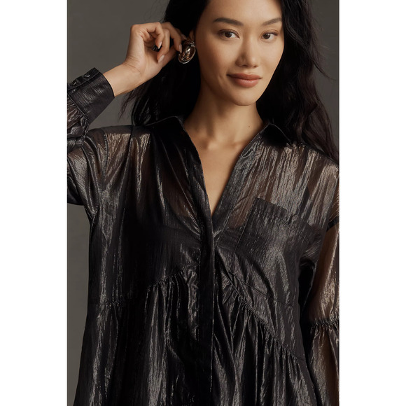 Pilcro Long-Sleeve V-Neck Metallic High-Low Dress - New XS - Picture 3 of 5